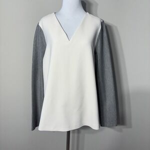 Carlisle Knit Top Womens 8 Gray Ivory Minimalist Quiet Luxury Long Sleeve V-Neck